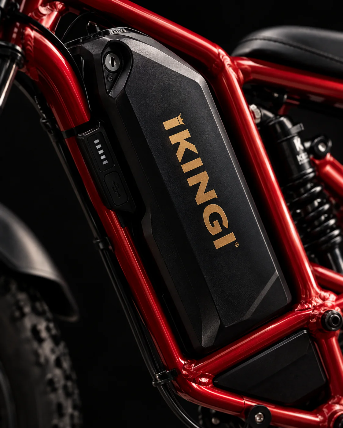 IKINGI e-bike battery and red frame detail