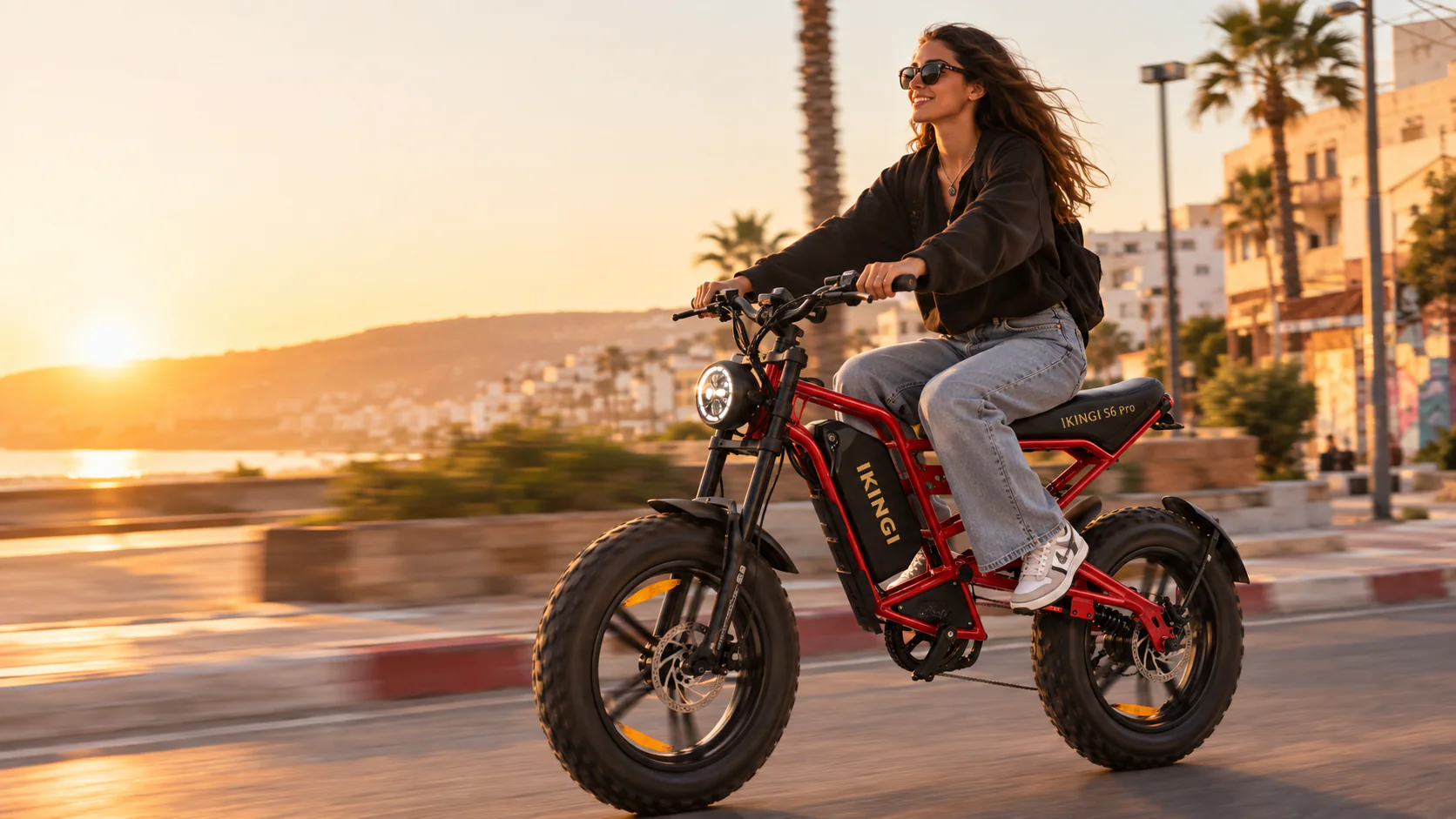 Red e-bike being ridden along a coastal town road